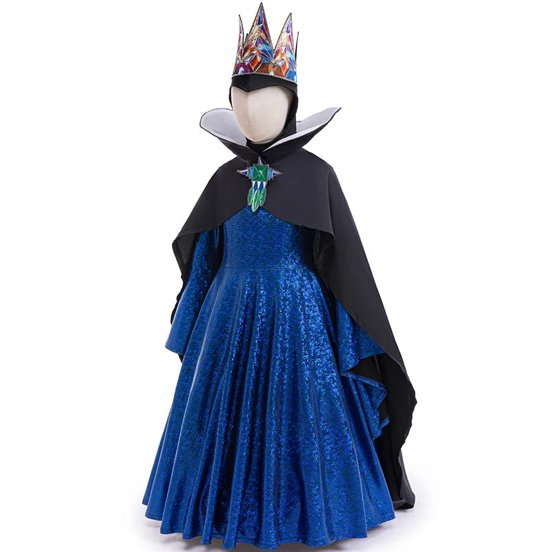Dark queen costume dress with flowing skirt for dress-up play
