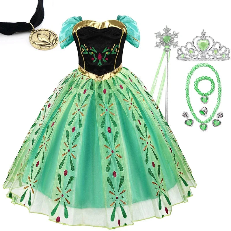 Magic Tree Kids ice queen inspired girls party dress shown with princess accessories in green and sparkle