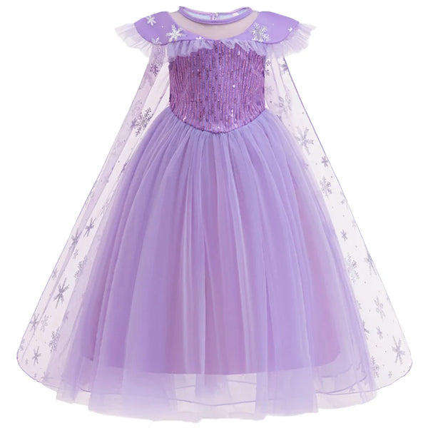 Purple snow queen princess dress for girls with lace bodice and flowing ball-gown skirt by Magic Tree Kids