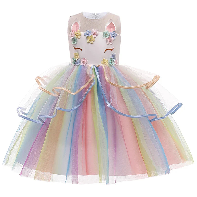 Girls' unicorn party dress with rainbow colors and ball-gown silhouette