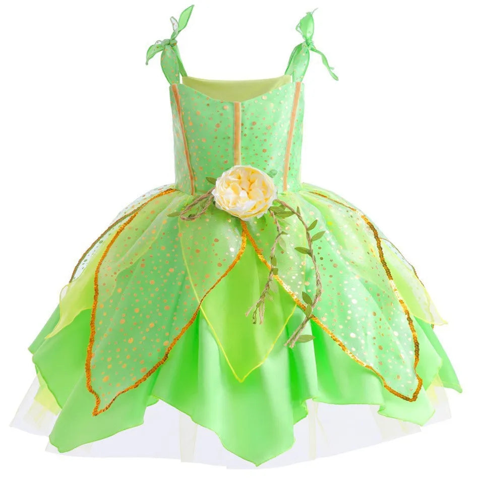 Enchanting green forest fairy dress with wings for girls