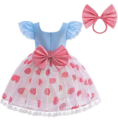 Girl wearing storybook shepherdess costume with playful twirl skirt