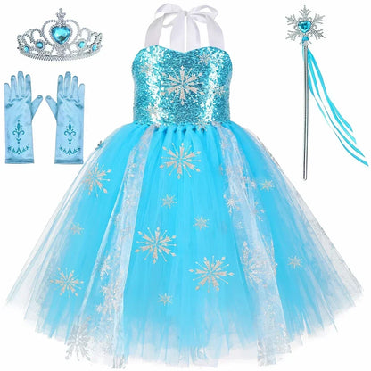 Sky blue snow queen sequin princess dress for girls by Magic Tree Kids